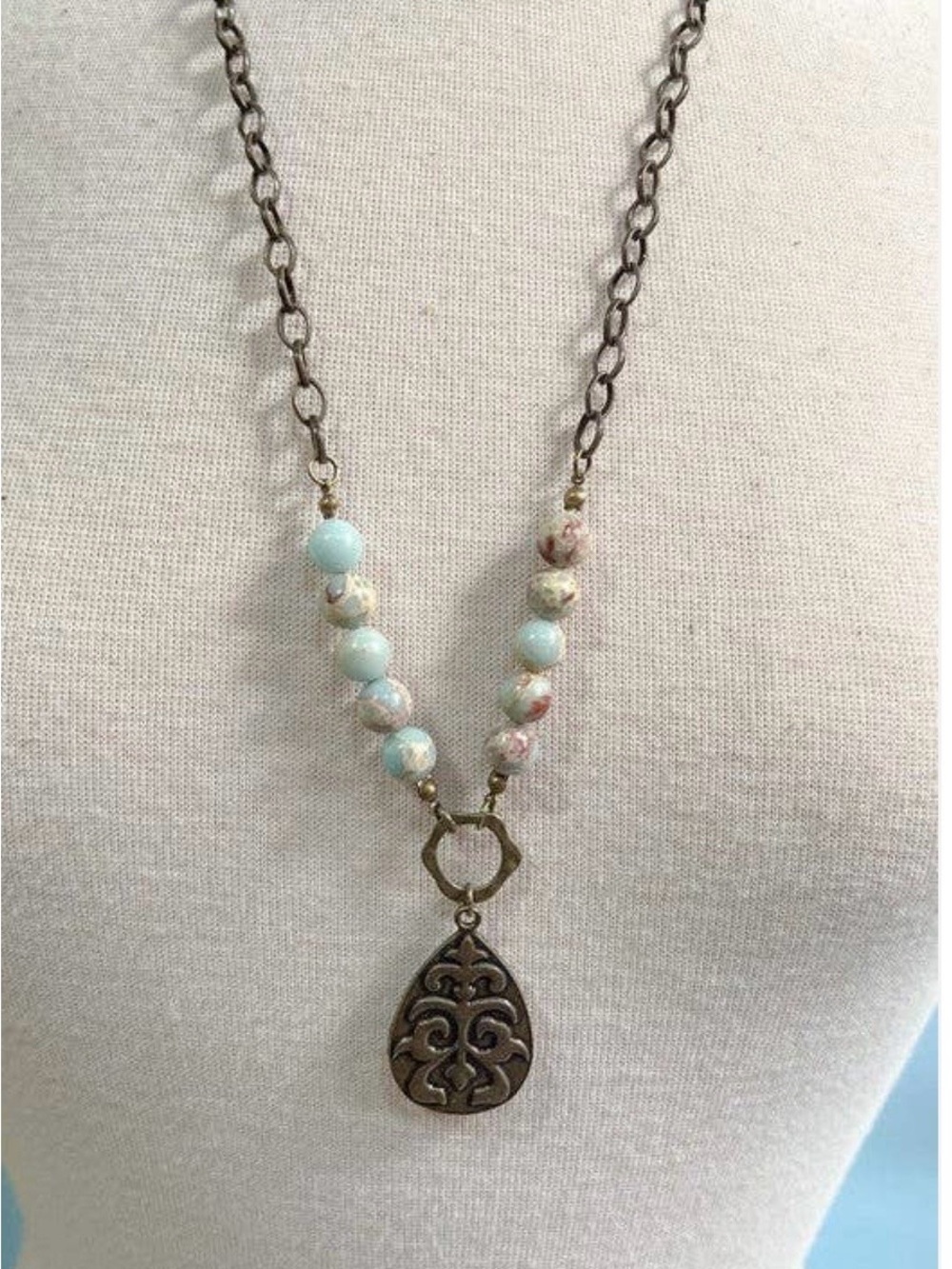 Dylan Designs Juniper Necklace Aqua Terra Jasper Reversible Teardrop Boho 18.5”